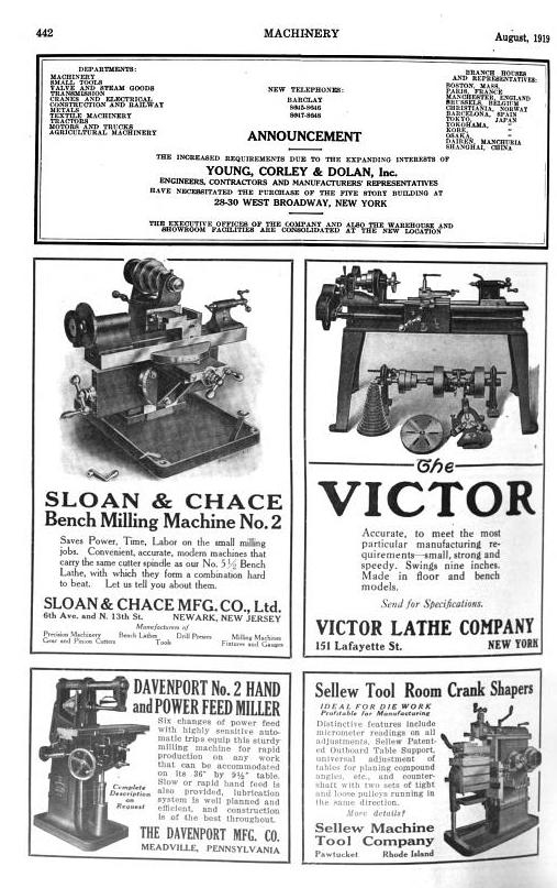 /Machinery Magazine Augest 1919 featuring... Sloan & Chace Mfg Co.