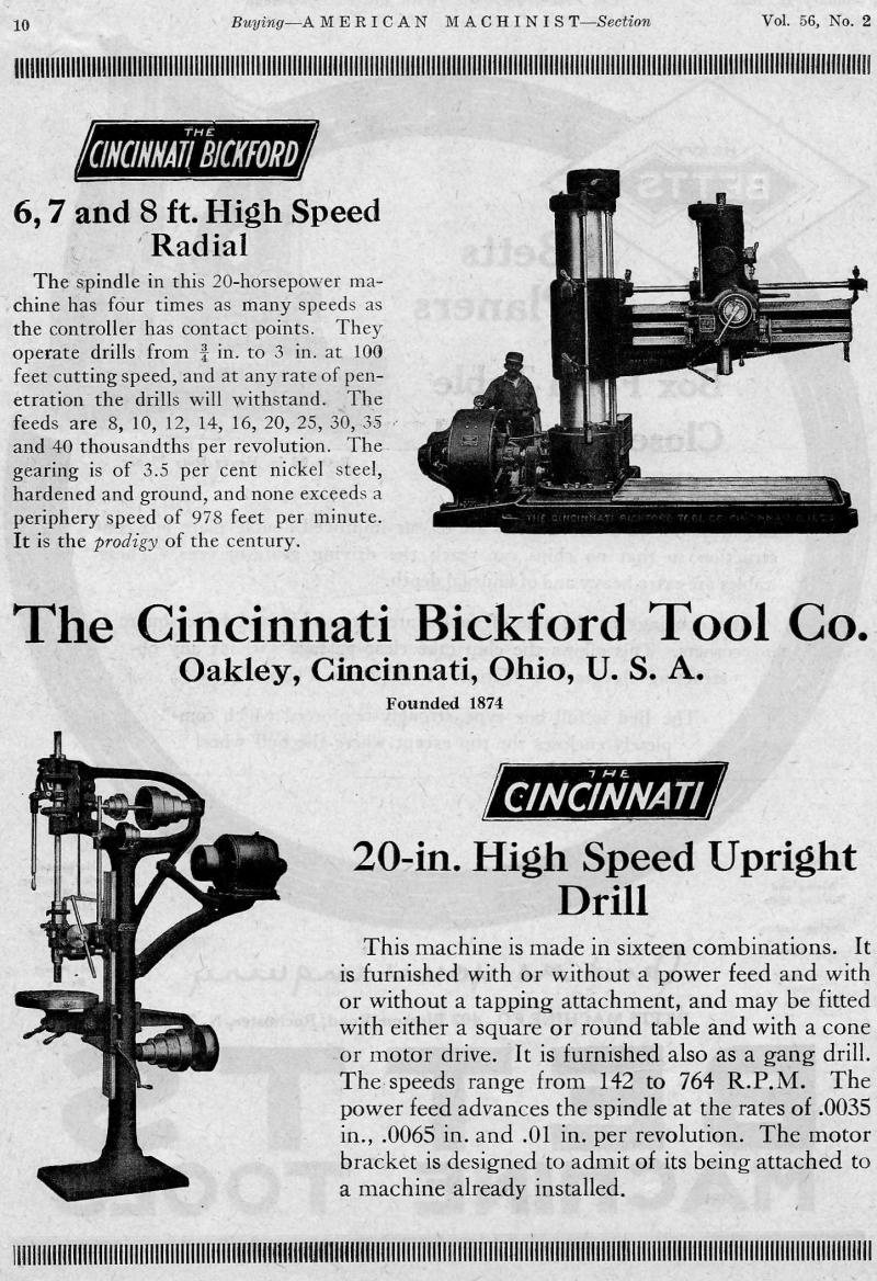 Machinery-Magizine-January-19-1922 Cincinnatti Bickford Dirll Press Radial ohio